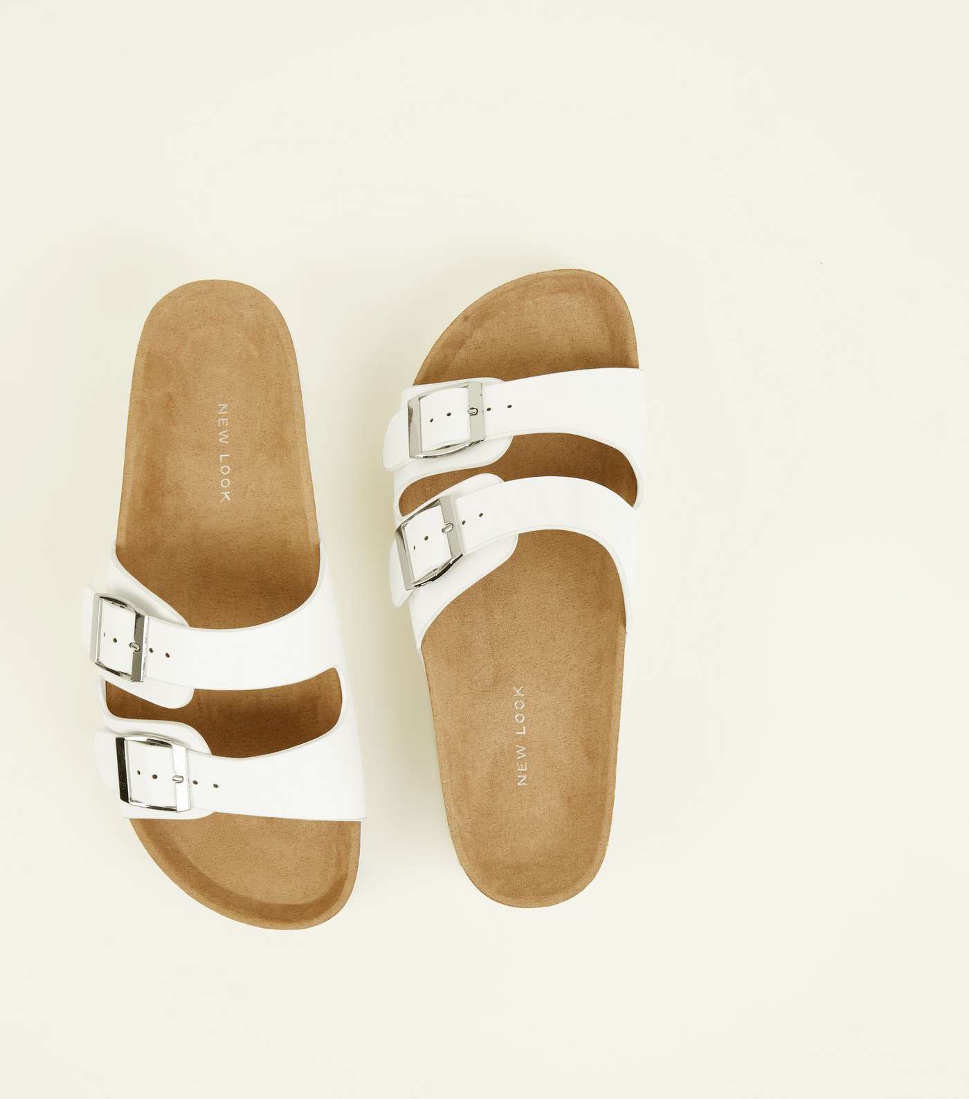 Wide Fit White Leather-Look Footbed Sliders Image 4