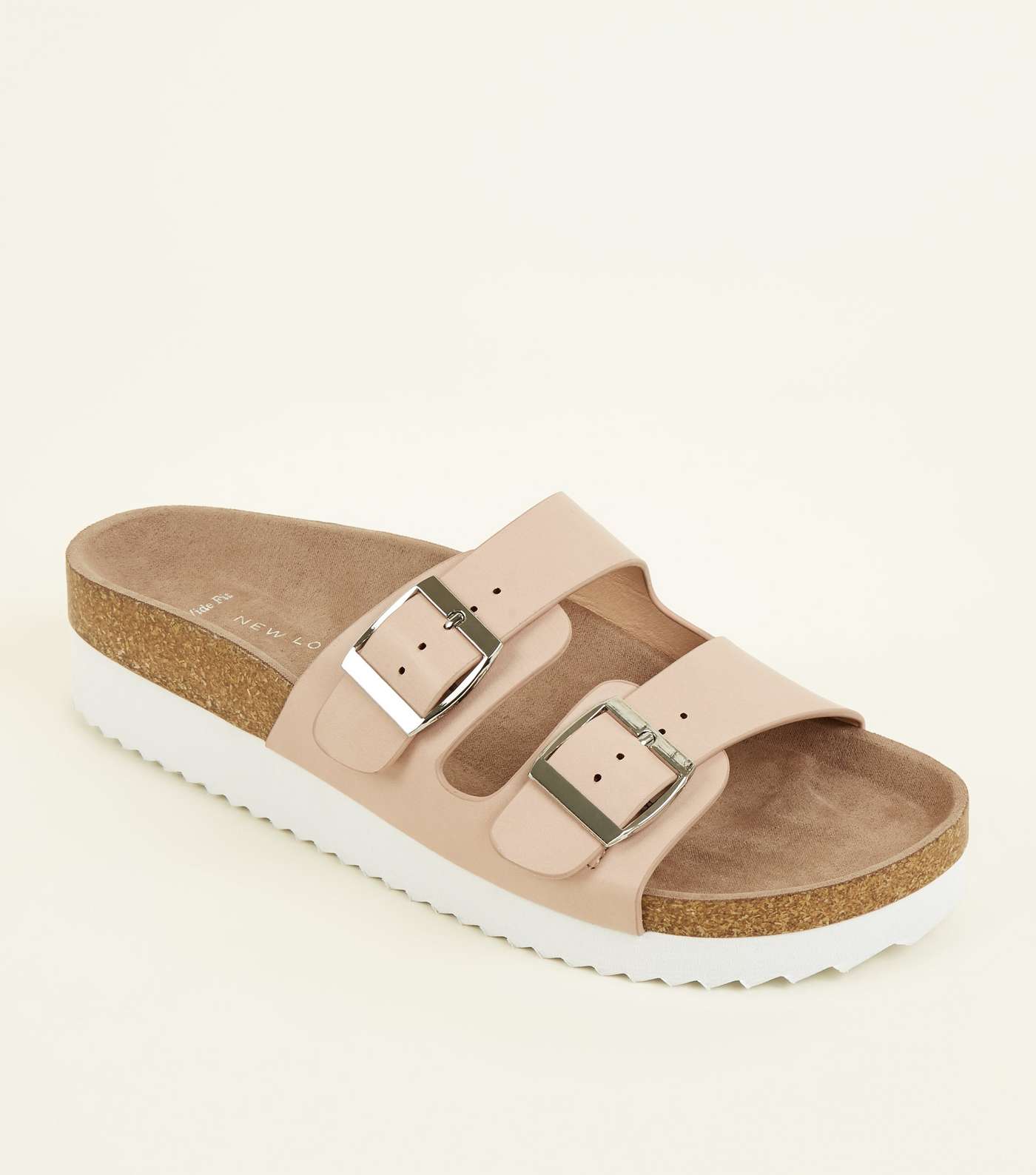 Wide Fit Nude Leather-Look Footbed Sliders