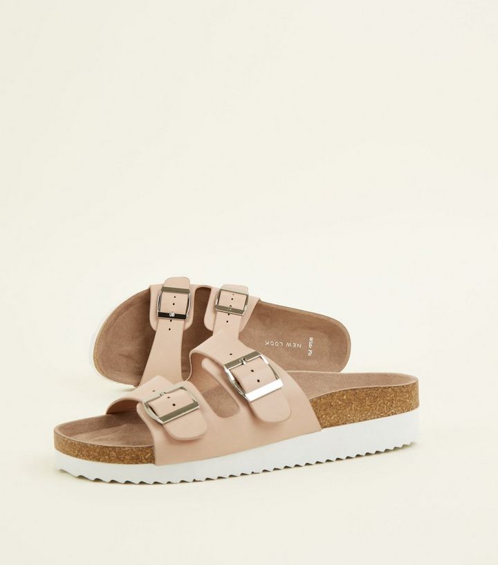 New Look Wide Fit Nude Leather-Look Footbed Sliders
