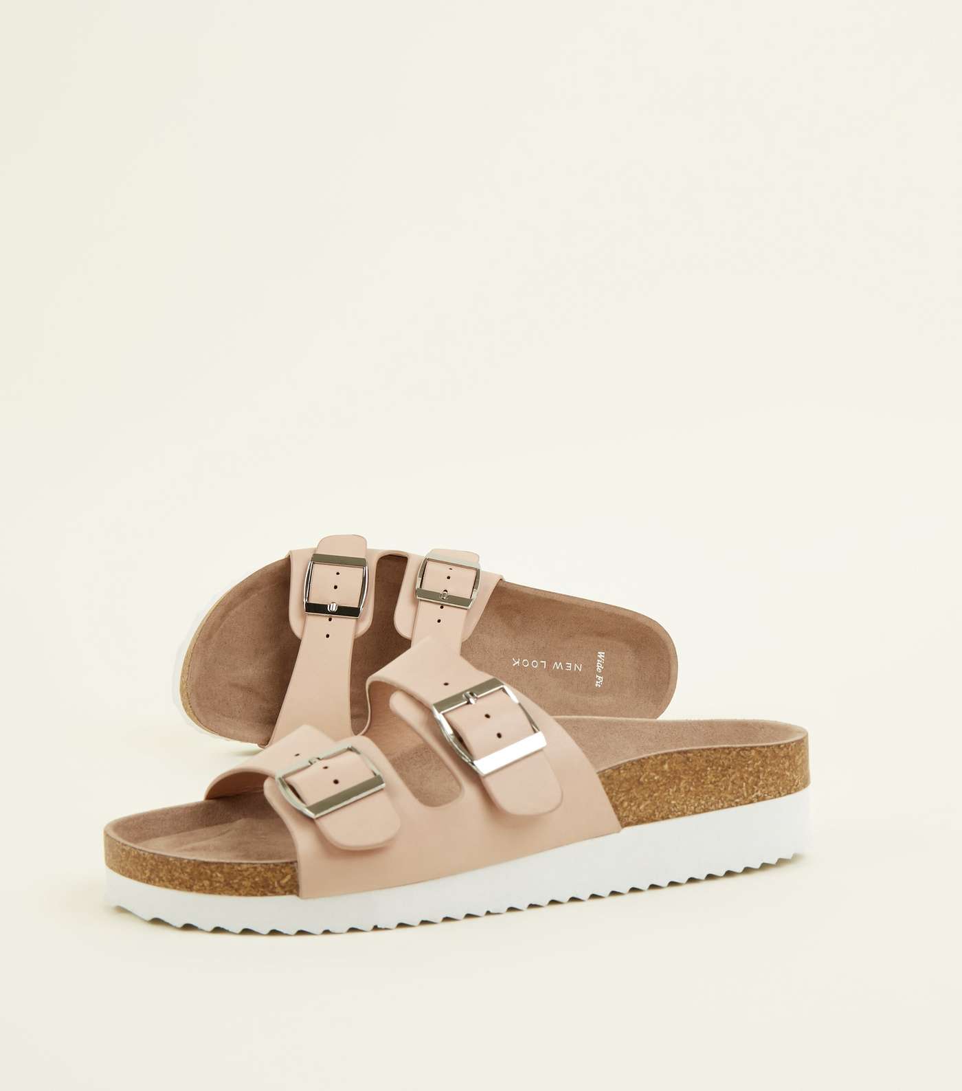 Wide Fit Nude Leather-Look Footbed Sliders Image 3