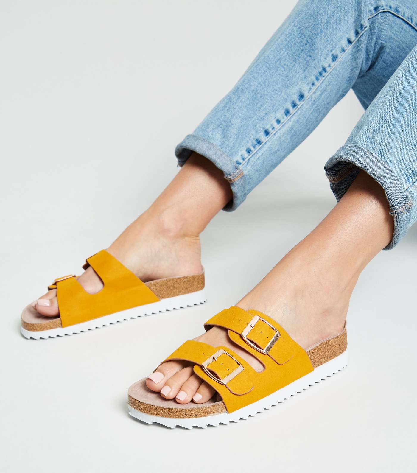 Wide Fit Mustard Leather-Look Footbed Sliders Image 2