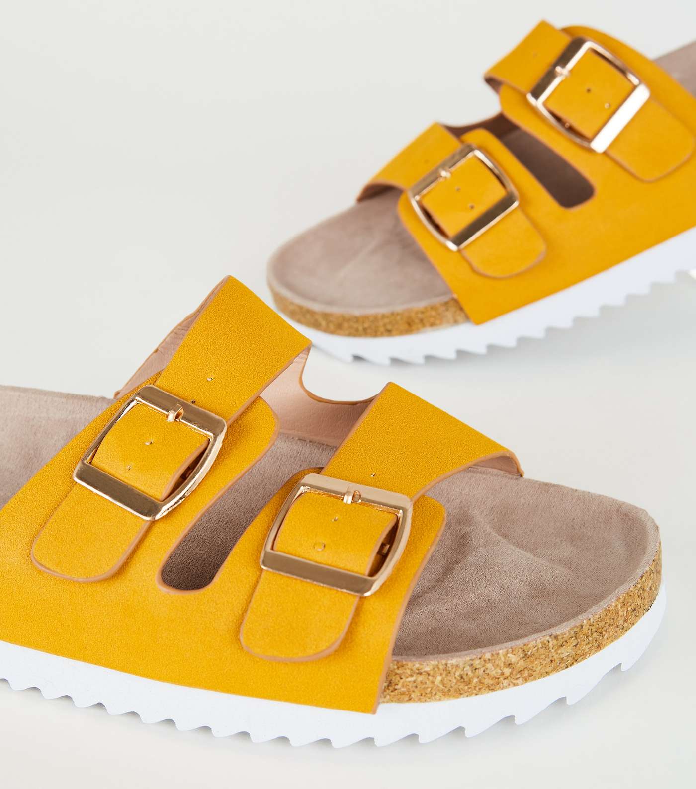 Wide Fit Mustard Leather-Look Footbed Sliders Image 4
