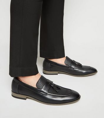Black Leather-Look Woven Tassel Loafers 