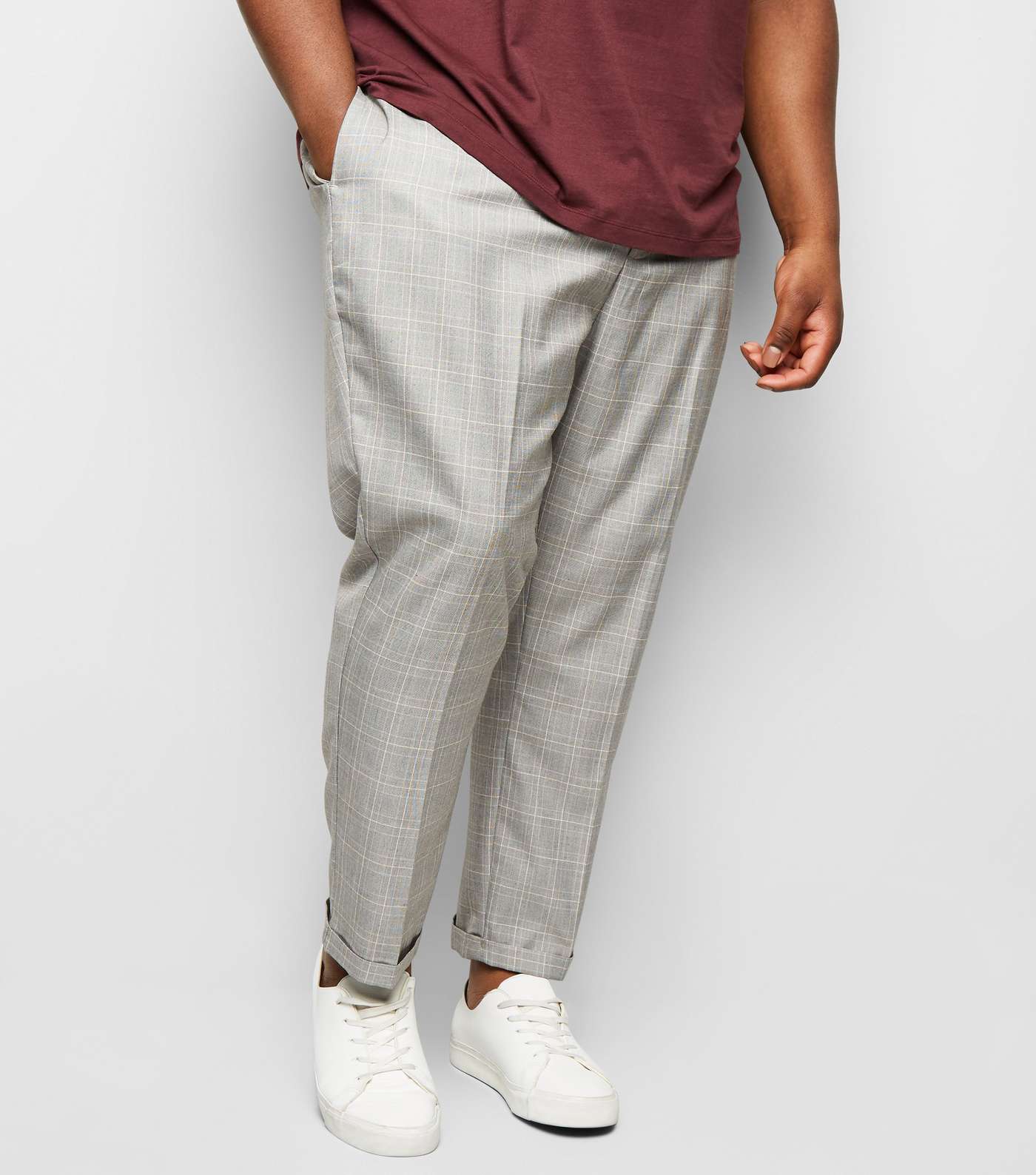 Plus Size Pale Grey Grid Check Print Trousers