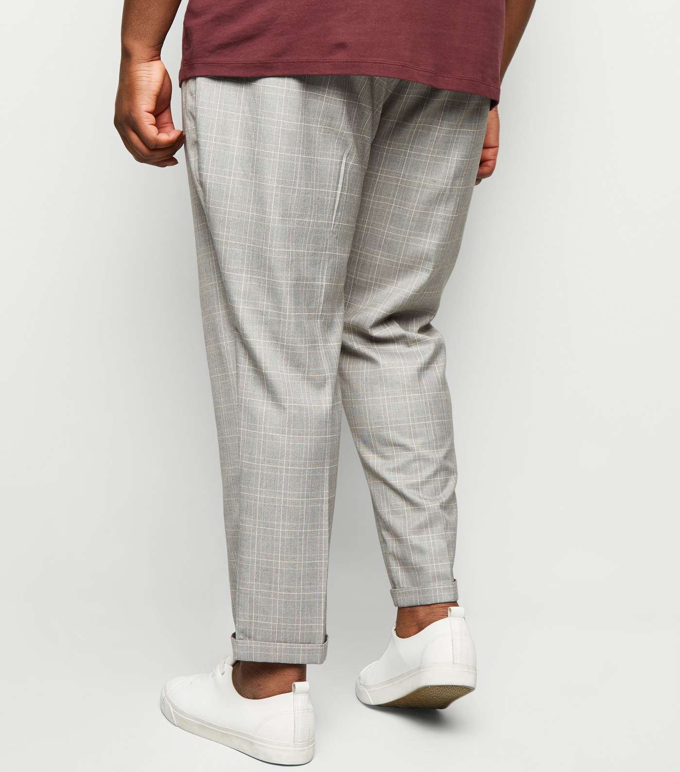 Plus Size Pale Grey Grid Check Print Trousers Image 3