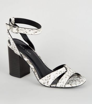 Black Faux Snake Block Heel Sandals 