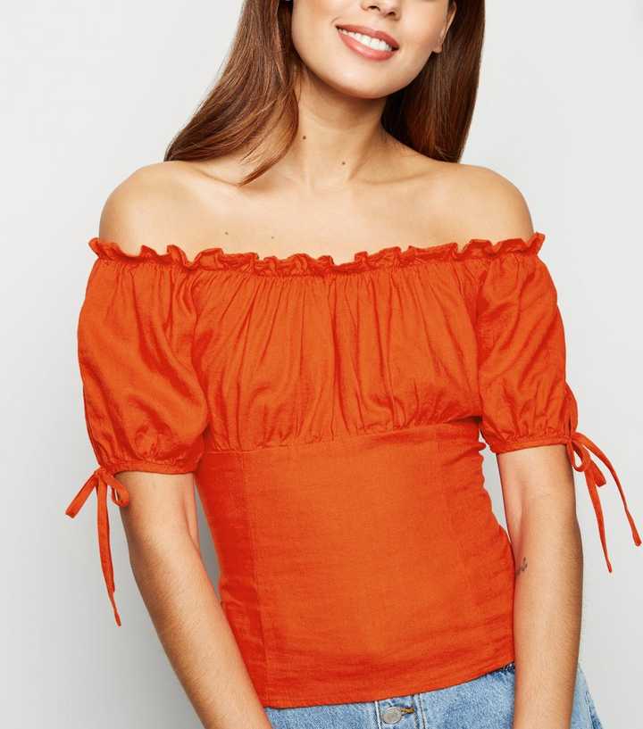Red Linen Blend Tie Sleeve Milkmaid Top