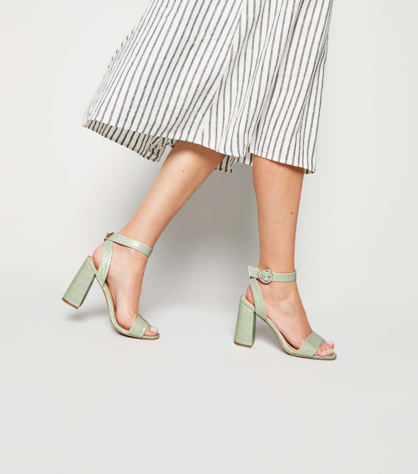 Mint Green Faux Croc Block Heel Sandals Image 2