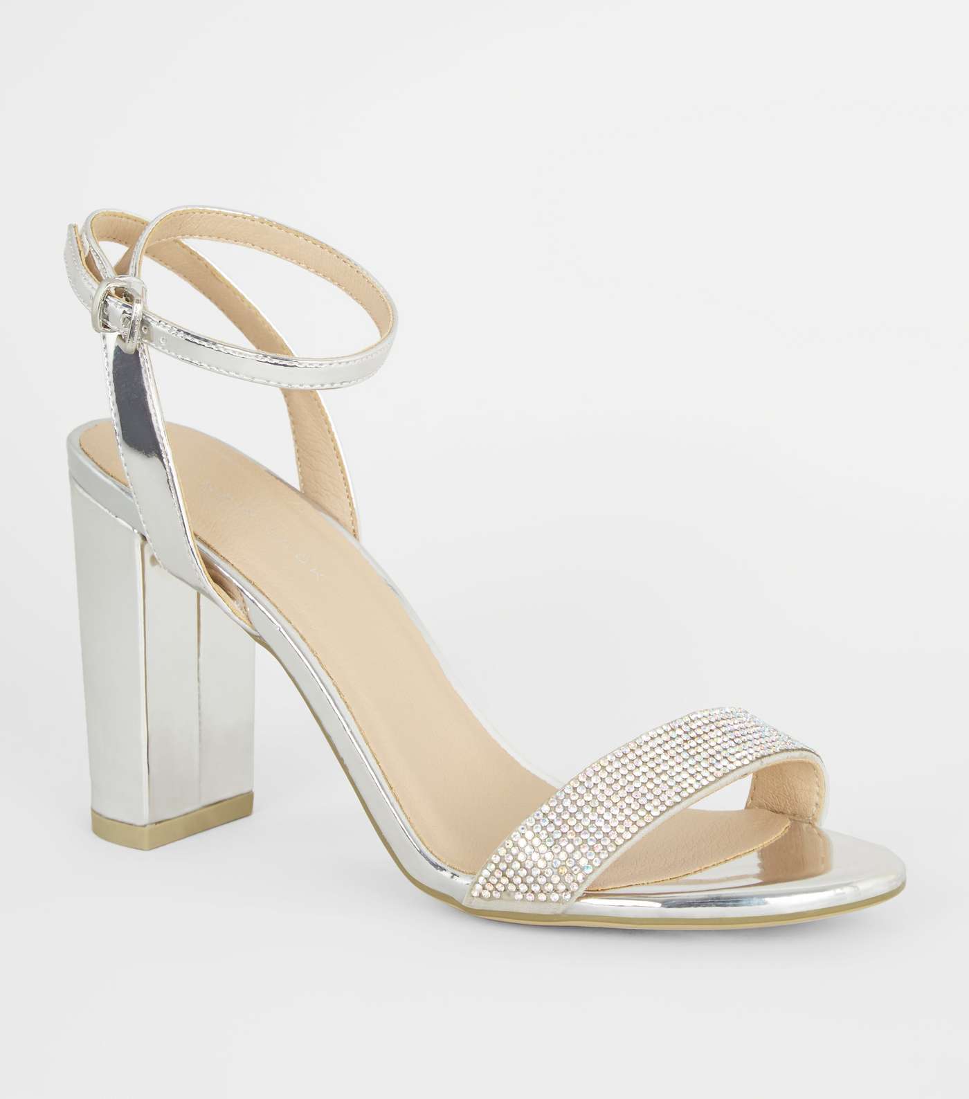 Silver Diamanté Strap Block Heel Sandals