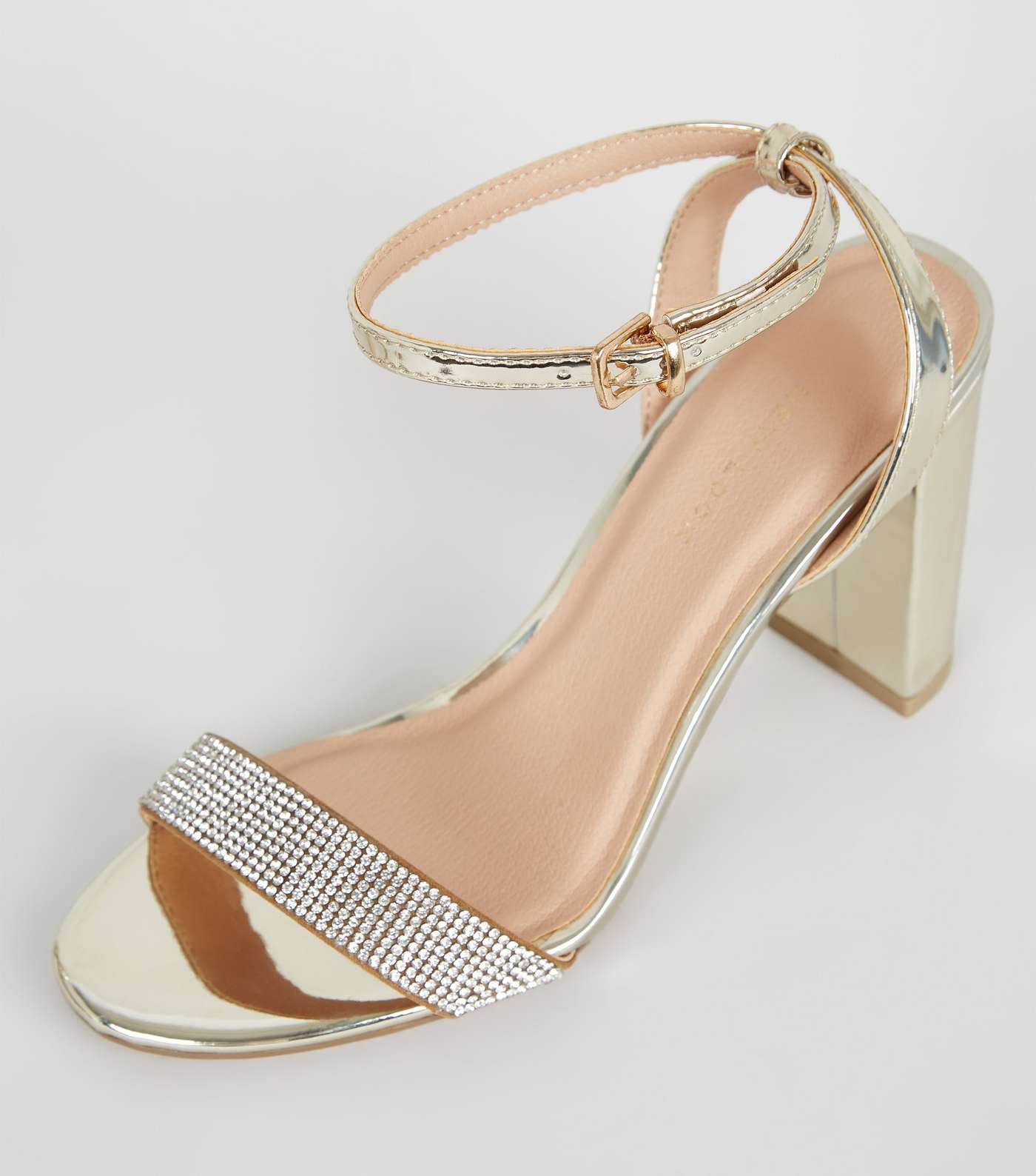 Gold Diamanté Strap Block Heel Sandals Image 4