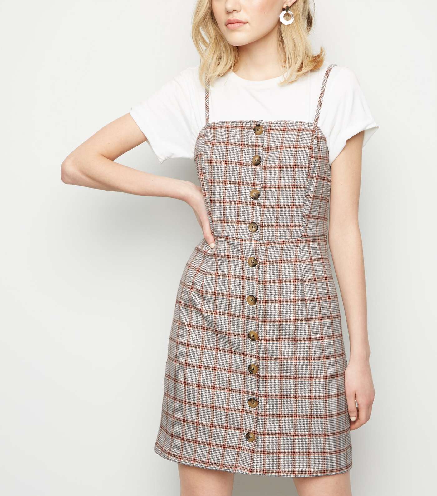 White Houndstooth Button Front Pinafore Dress