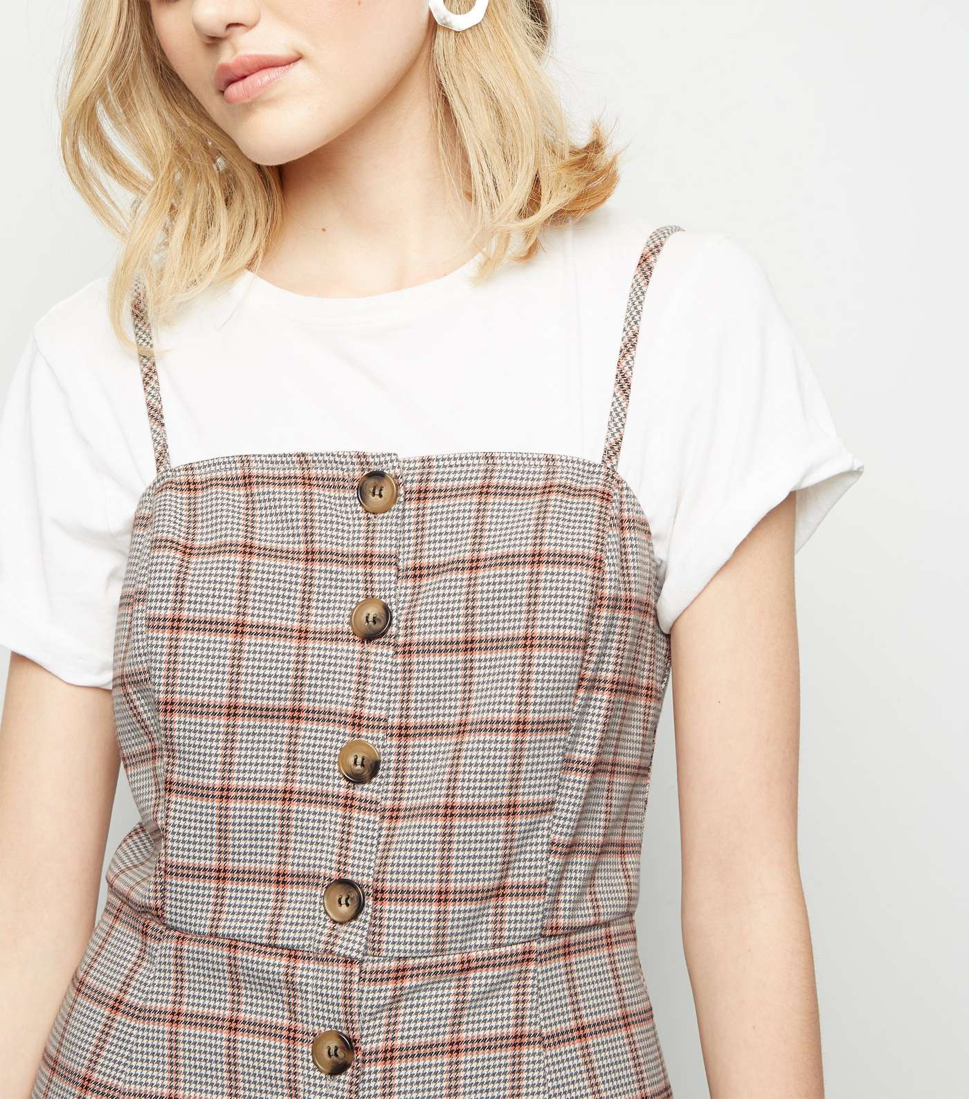 White Houndstooth Button Front Pinafore Dress Image 3