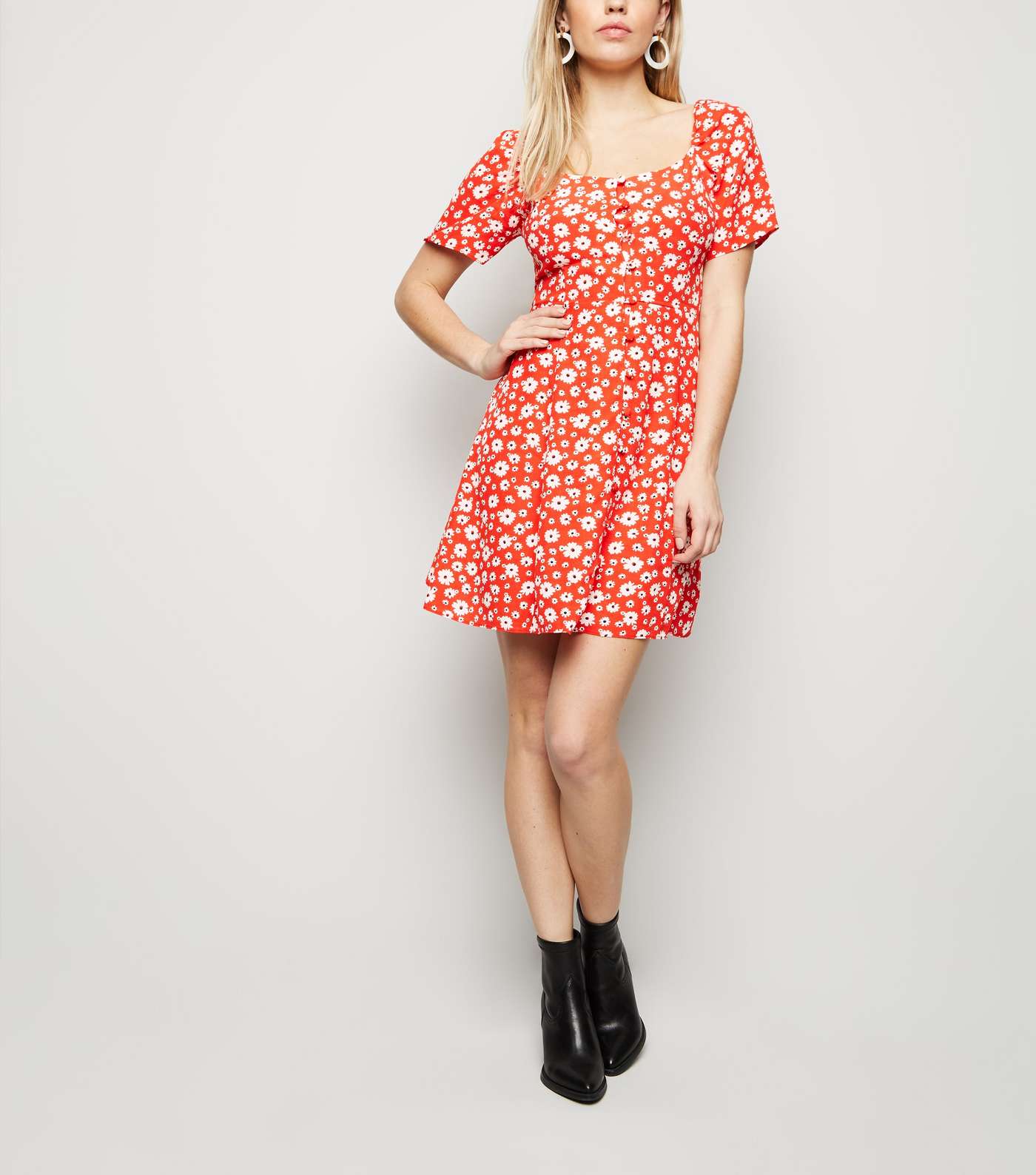 Red Floral Button Up Mini Dress