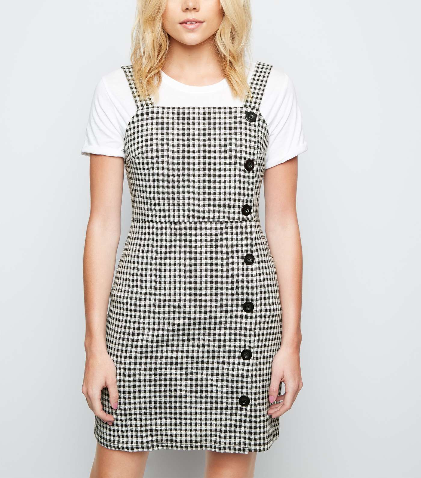 Black Gingham Button Side Pinafore Dress 