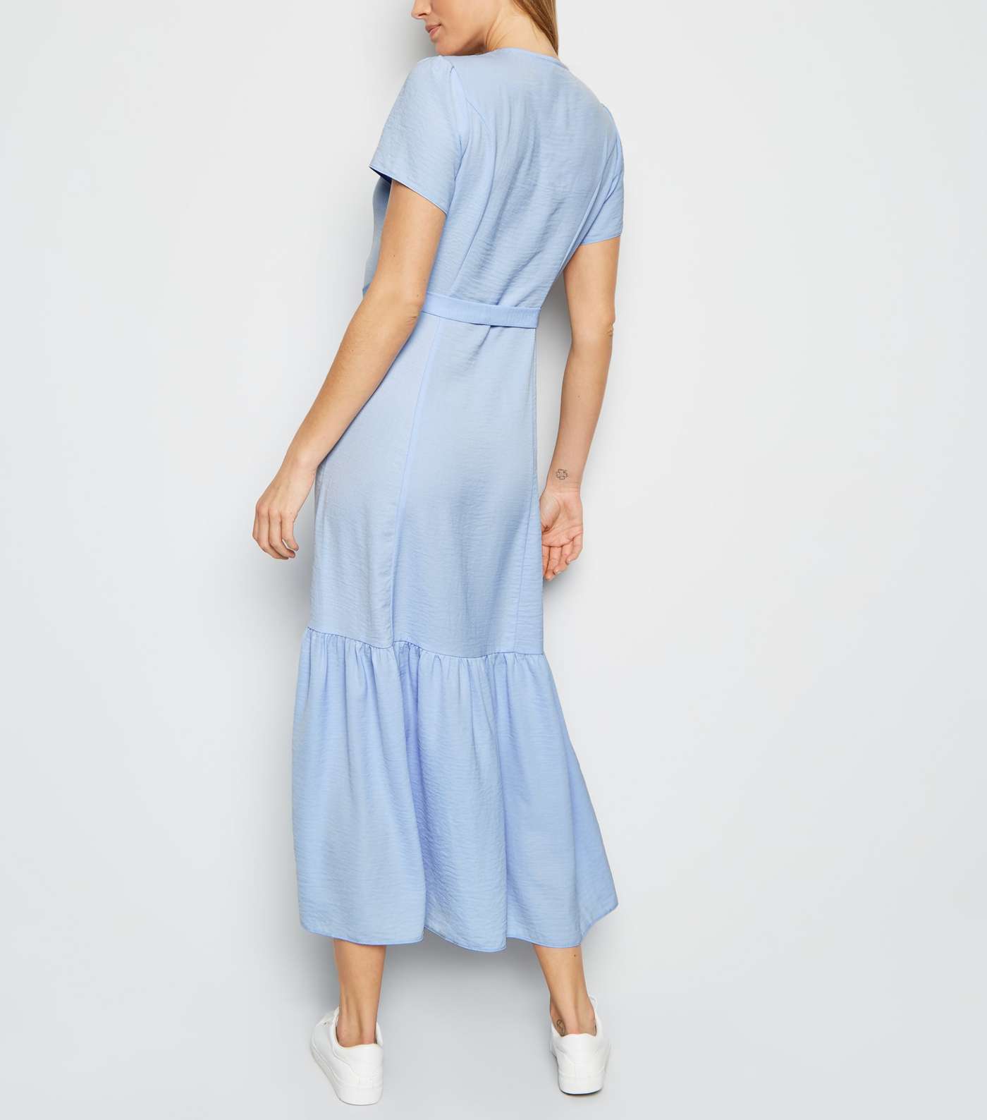 Pale Blue Herringbone Tiered Button Front Midi Dress  Image 3