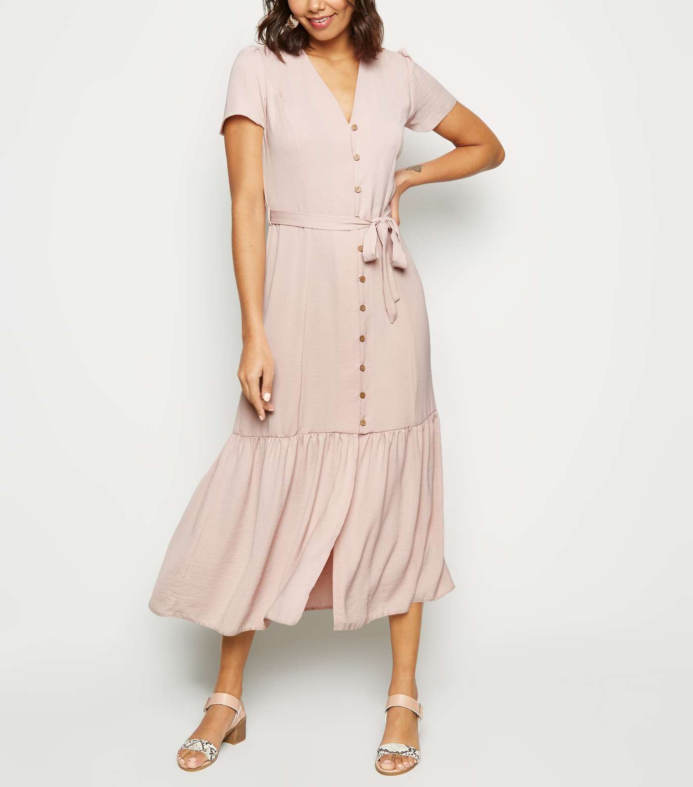 Pale Pink Herringbone Tiered Button Front Midi Dress 