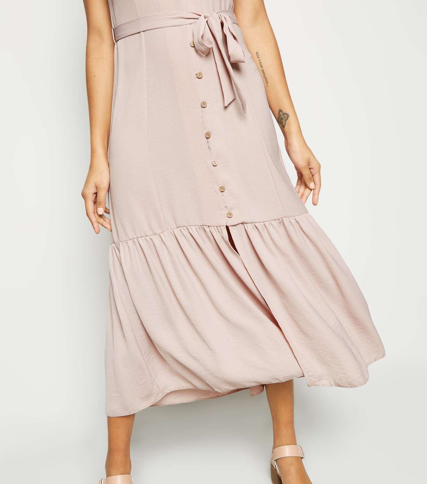 Pale Pink Herringbone Tiered Button Front Midi Dress  Image 3