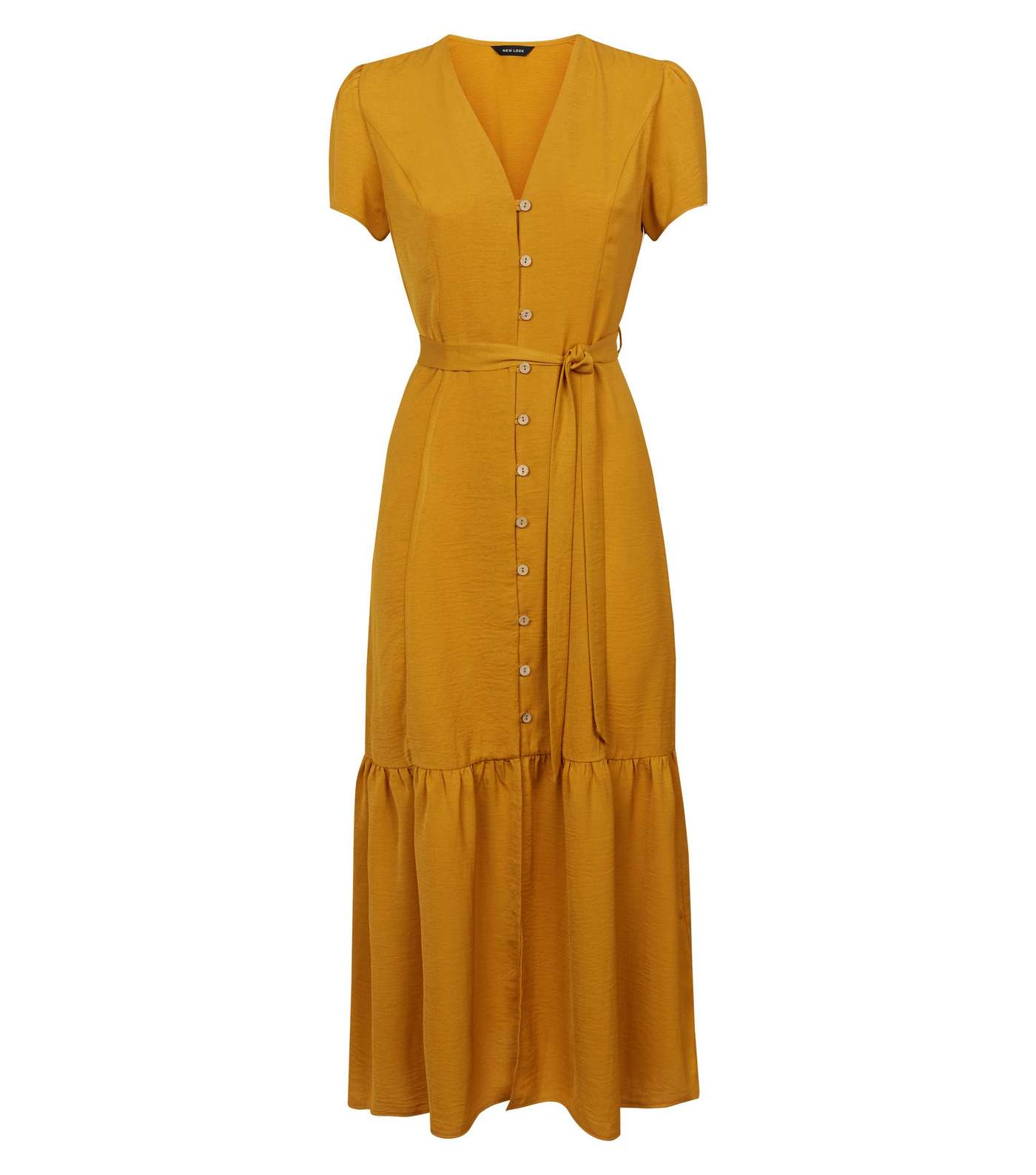 Mustard Herringbone Tiered Button Front Midi Dress  Image 4