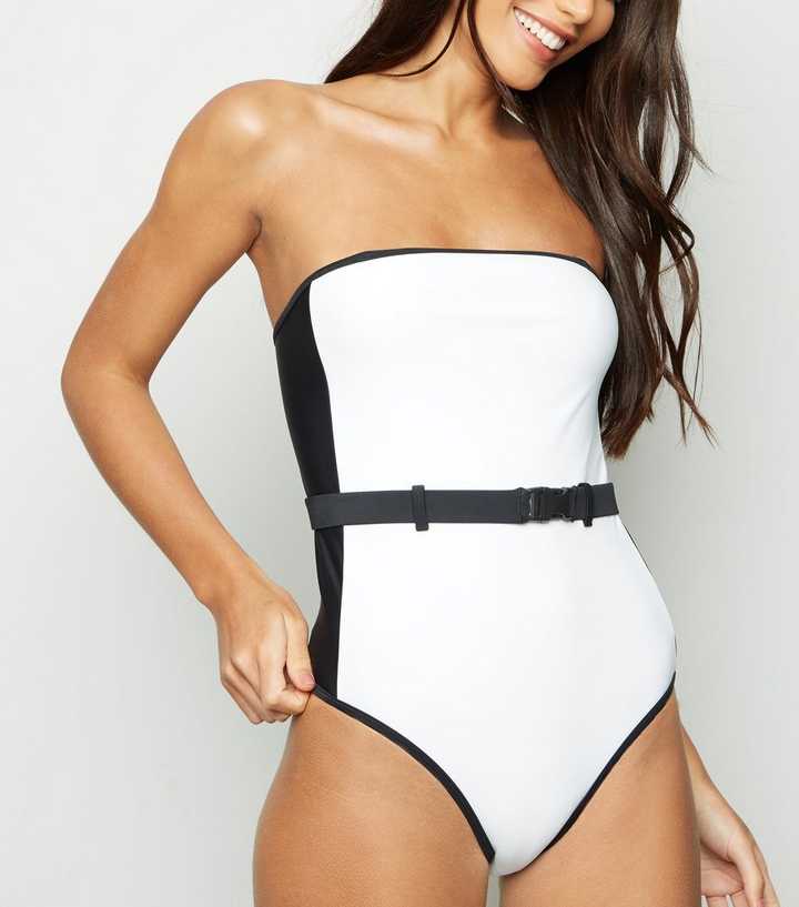 White Colour Block Belted Bandeau Swimsuit