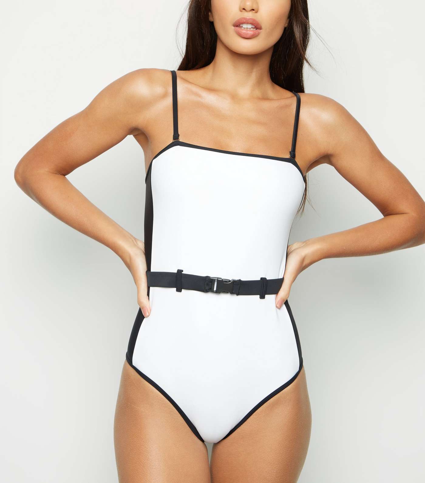 White Colour Block Belted Bandeau Swimsuit Image 3