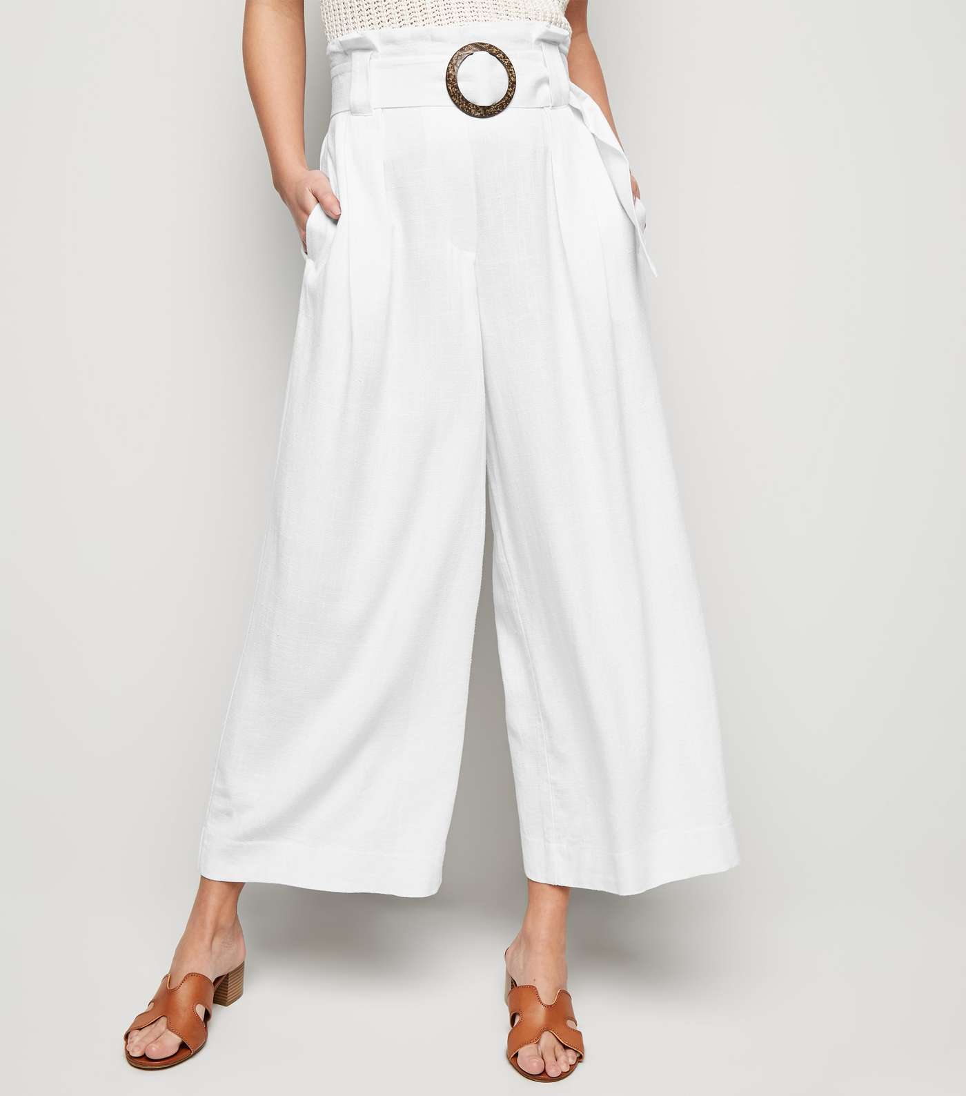 White Linen Look Crop Trousers Image 2