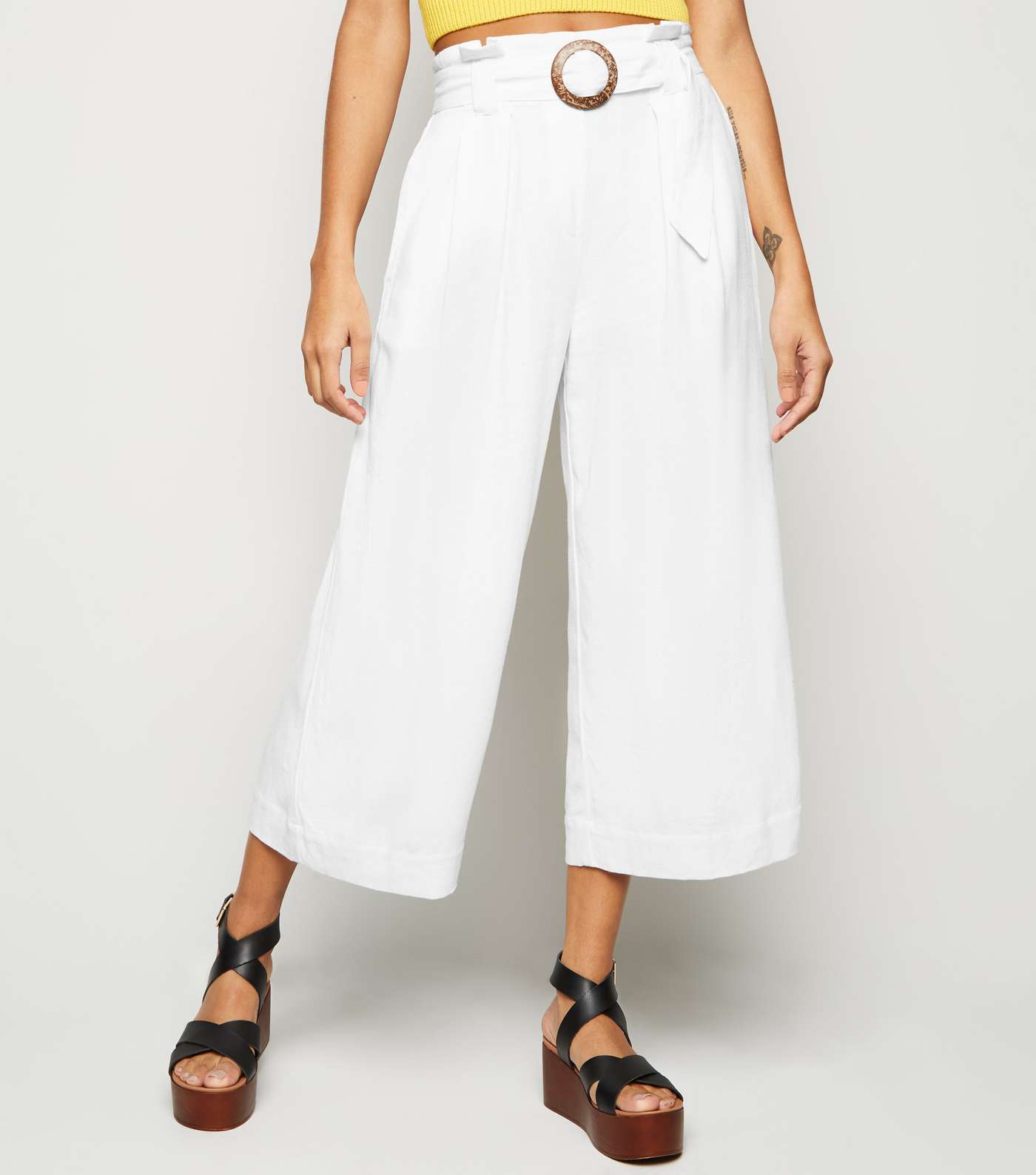 Off White Linen Look Crop Trousers Image 2