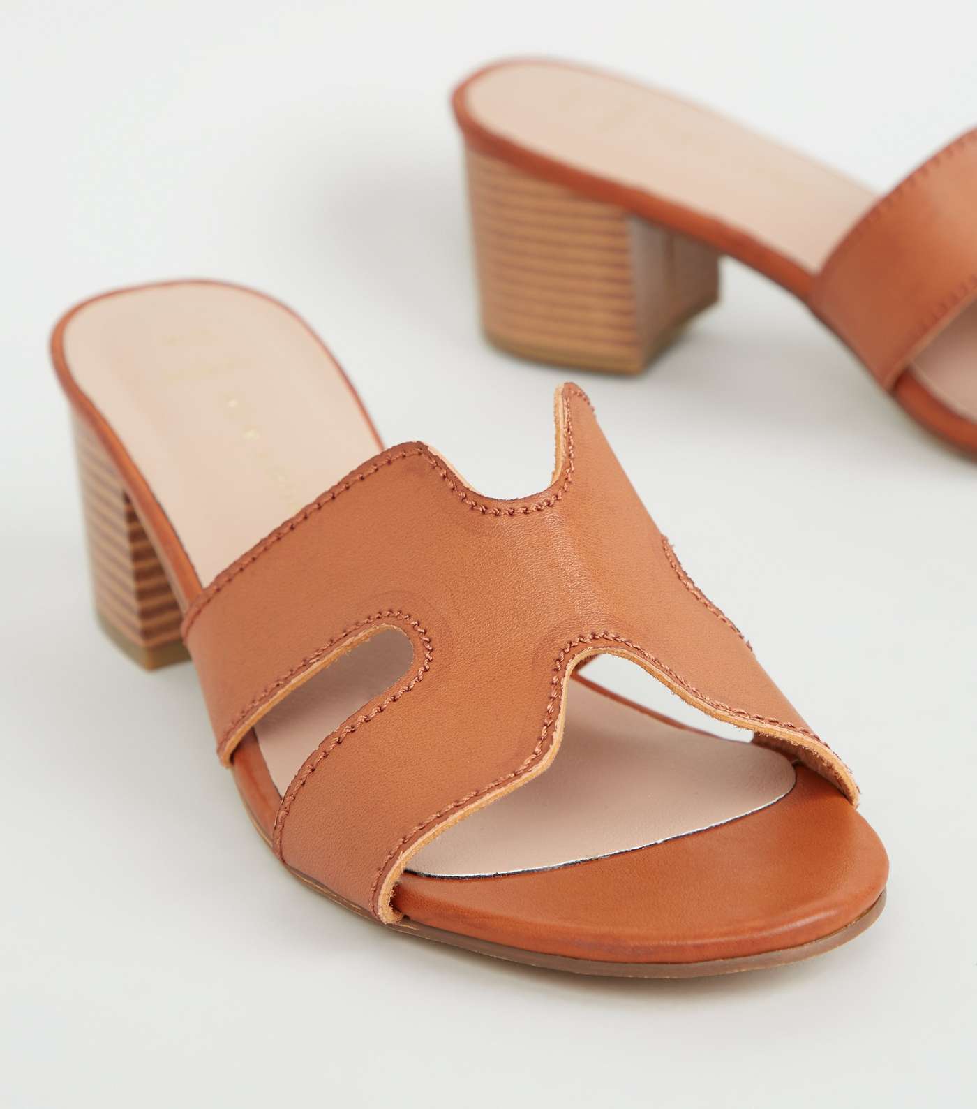 Wide Fit Tan Leather-Look Block Heel Mules Image 3