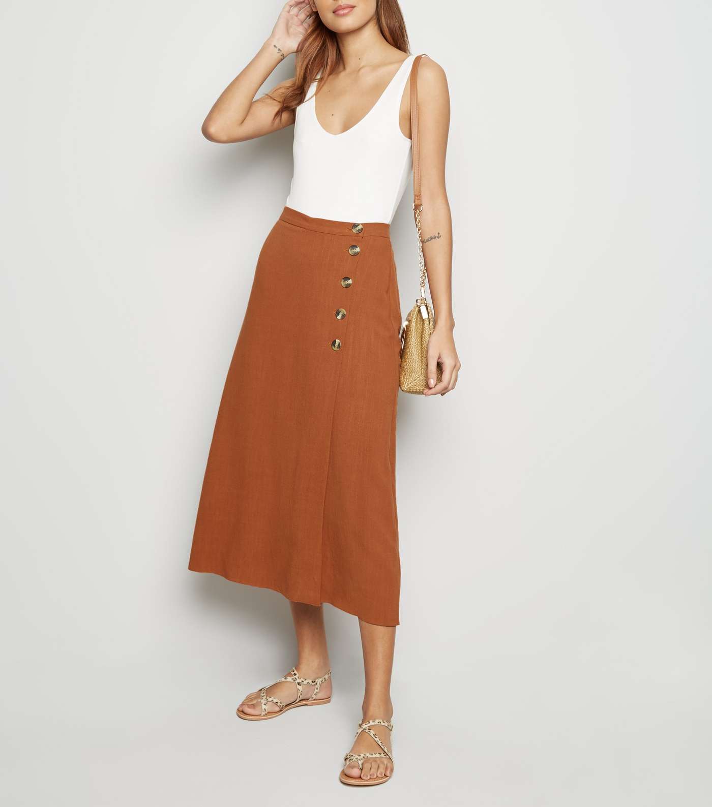 Rust Linen Look Button Up Midi Skirt