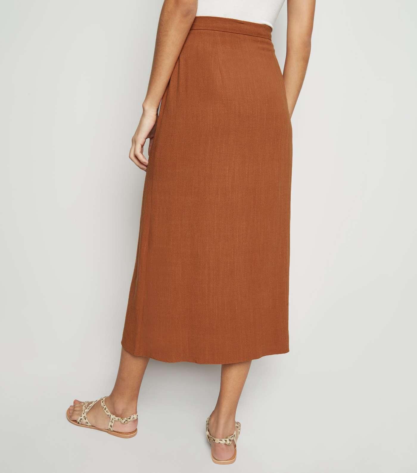 Rust Linen Look Button Up Midi Skirt Image 3