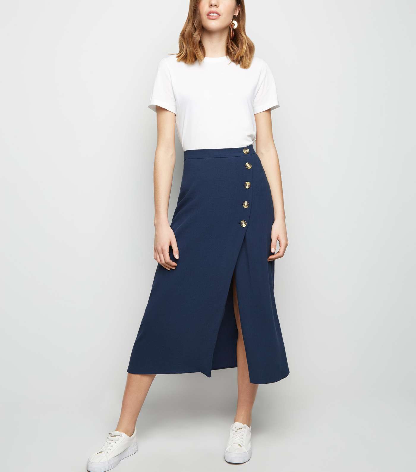 Navy Linen Look Button Up Midi Skirt