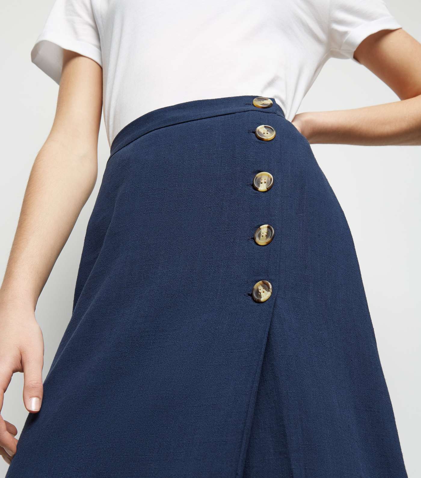 Navy Linen Look Button Up Midi Skirt Image 5