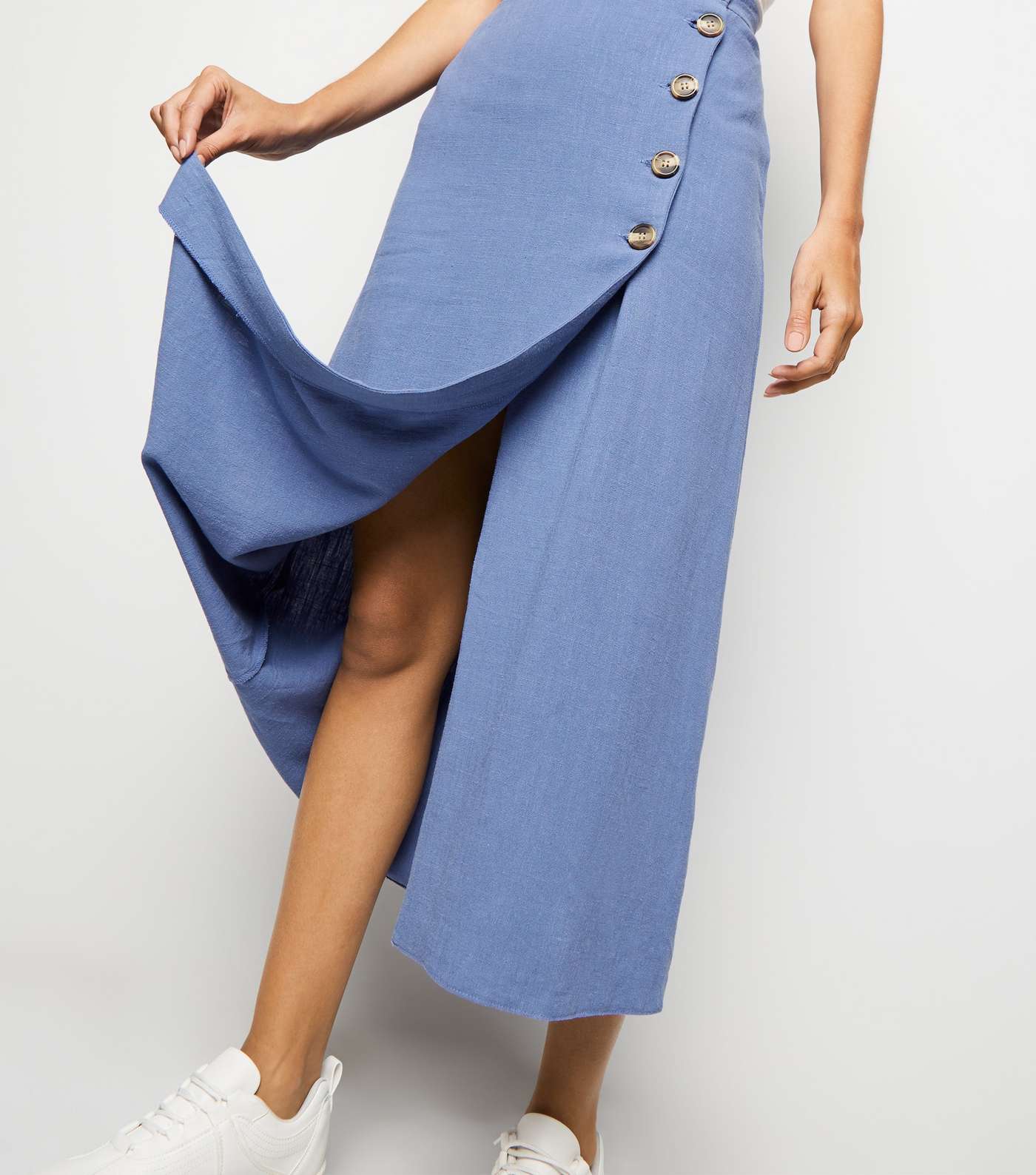 Pale Blue Linen Look Button Up Midi Skirt Image 3