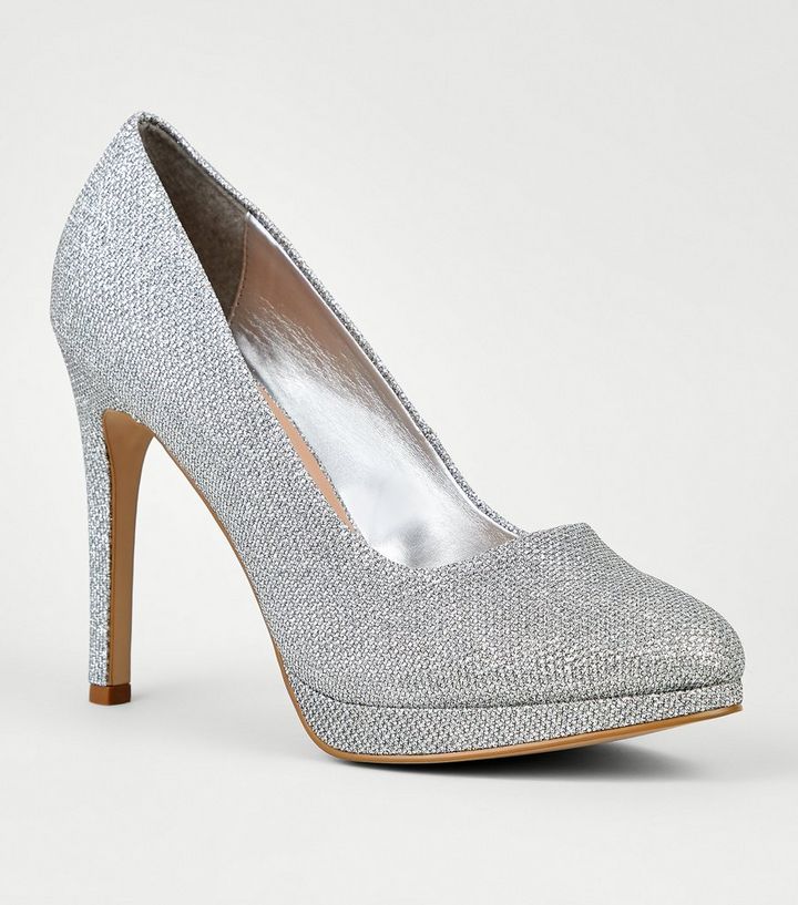 Silberfarbene Stiletto Pumps Mit Plateausohle Und Glitzer New Look
