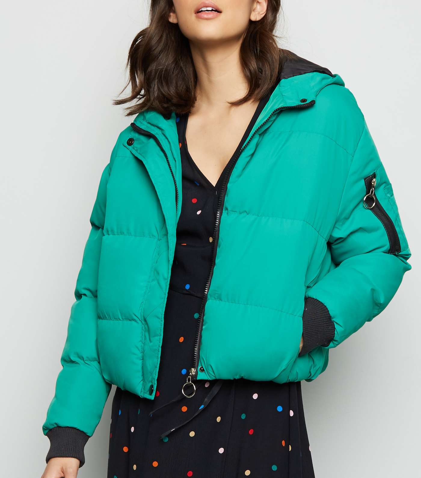 Blue Vanilla Green Hooded Cropped Puffer Jacket