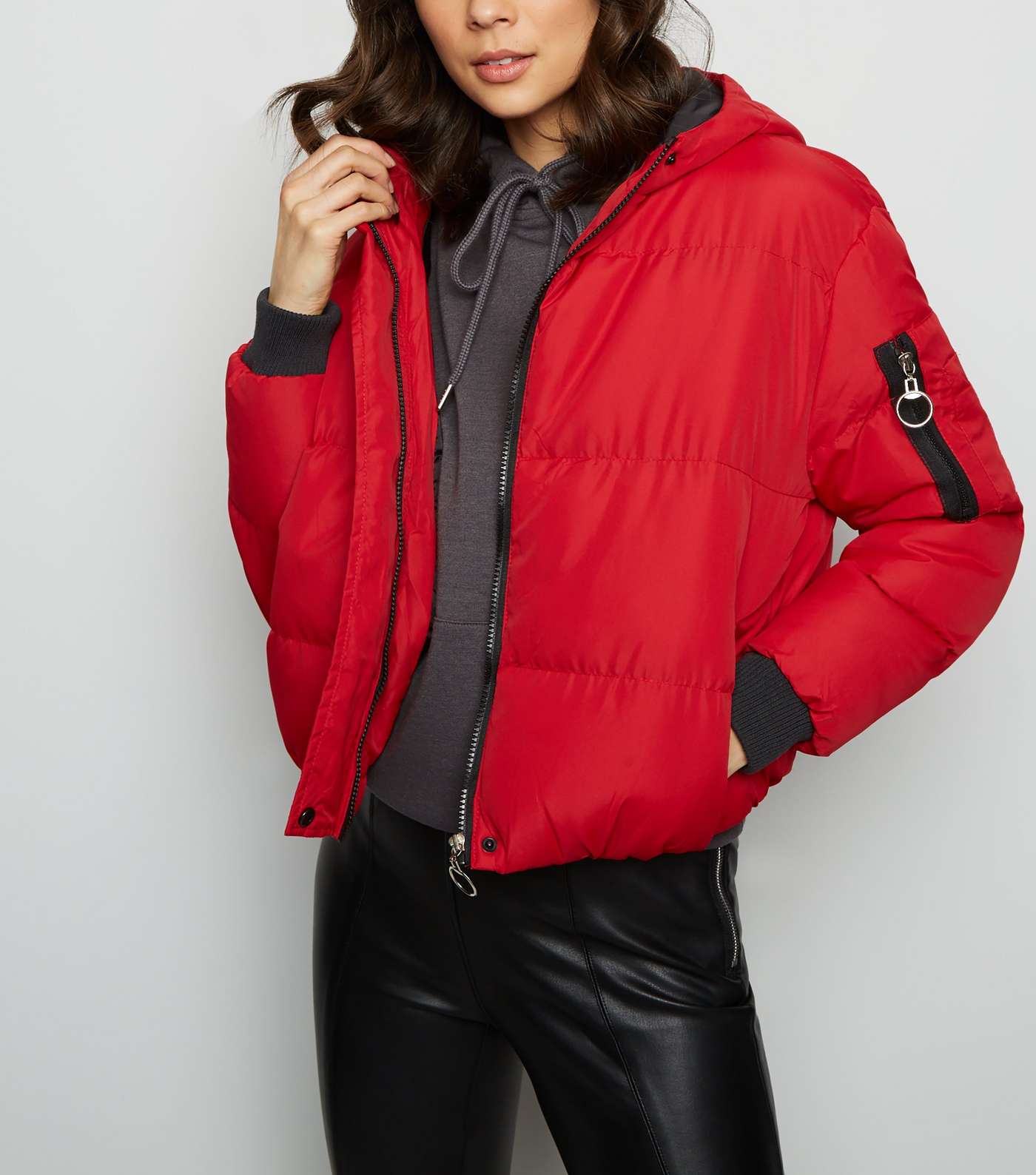 Blue Vanilla Red Hooded Cropped Puffer Jacket