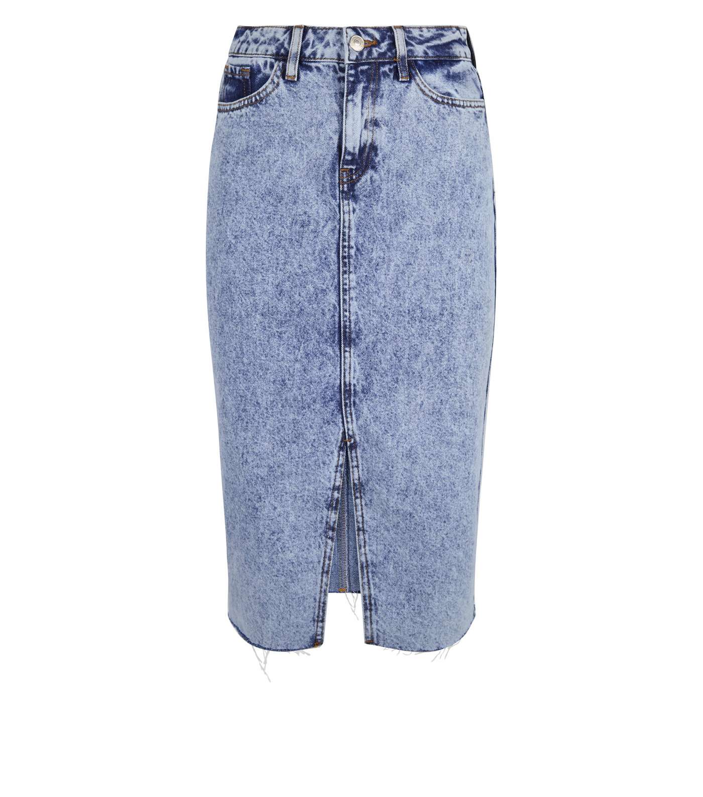 Blue Acid Wash Fray Hem Denim Midi Skirt Image 4
