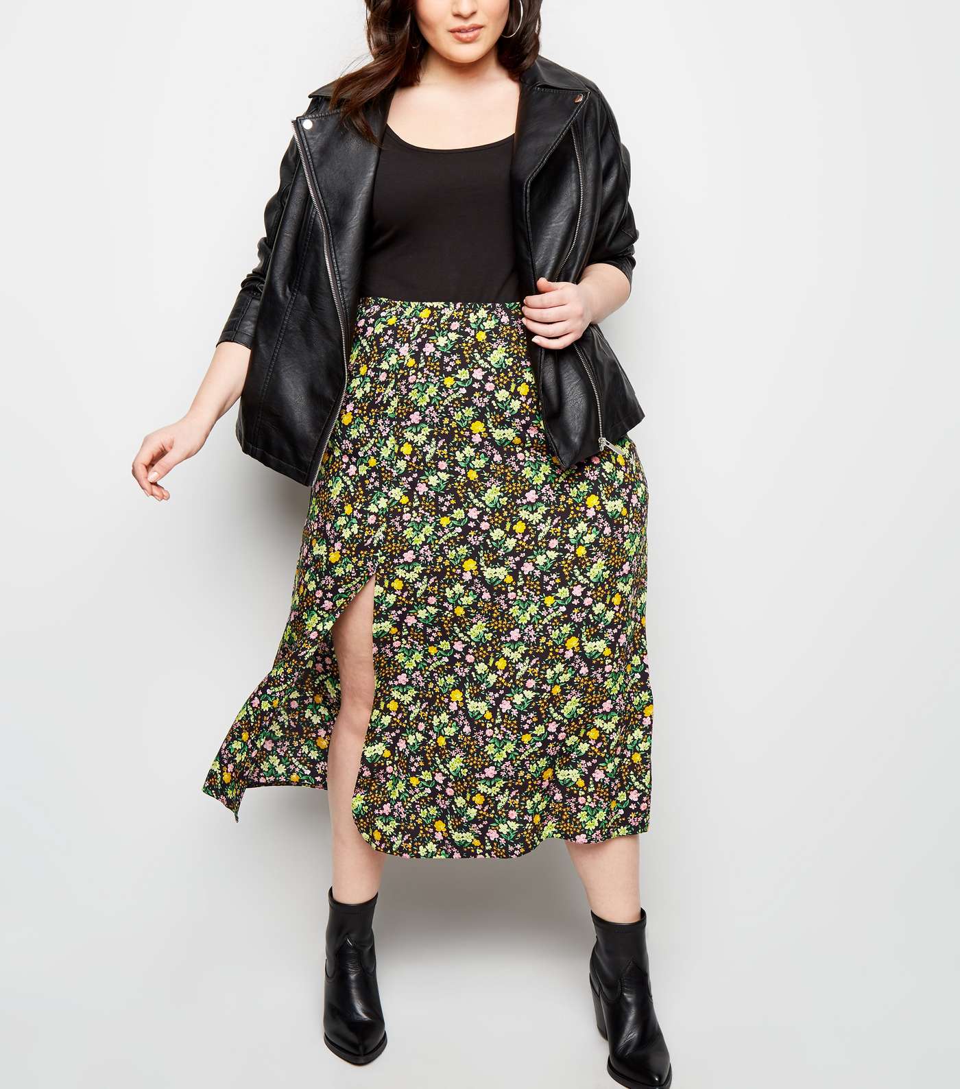 Curves Black Floral Side Split Midi Skirt