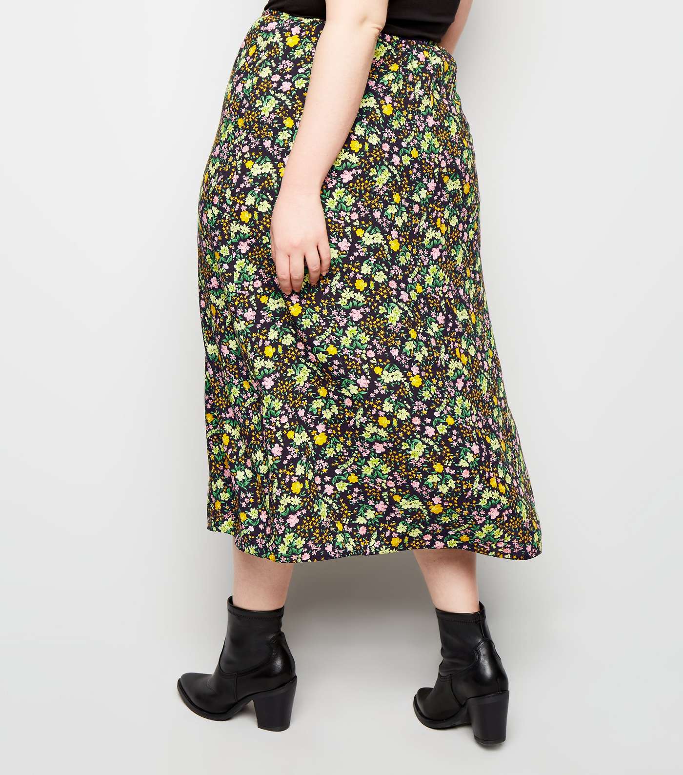 Curves Black Floral Side Split Midi Skirt Image 3