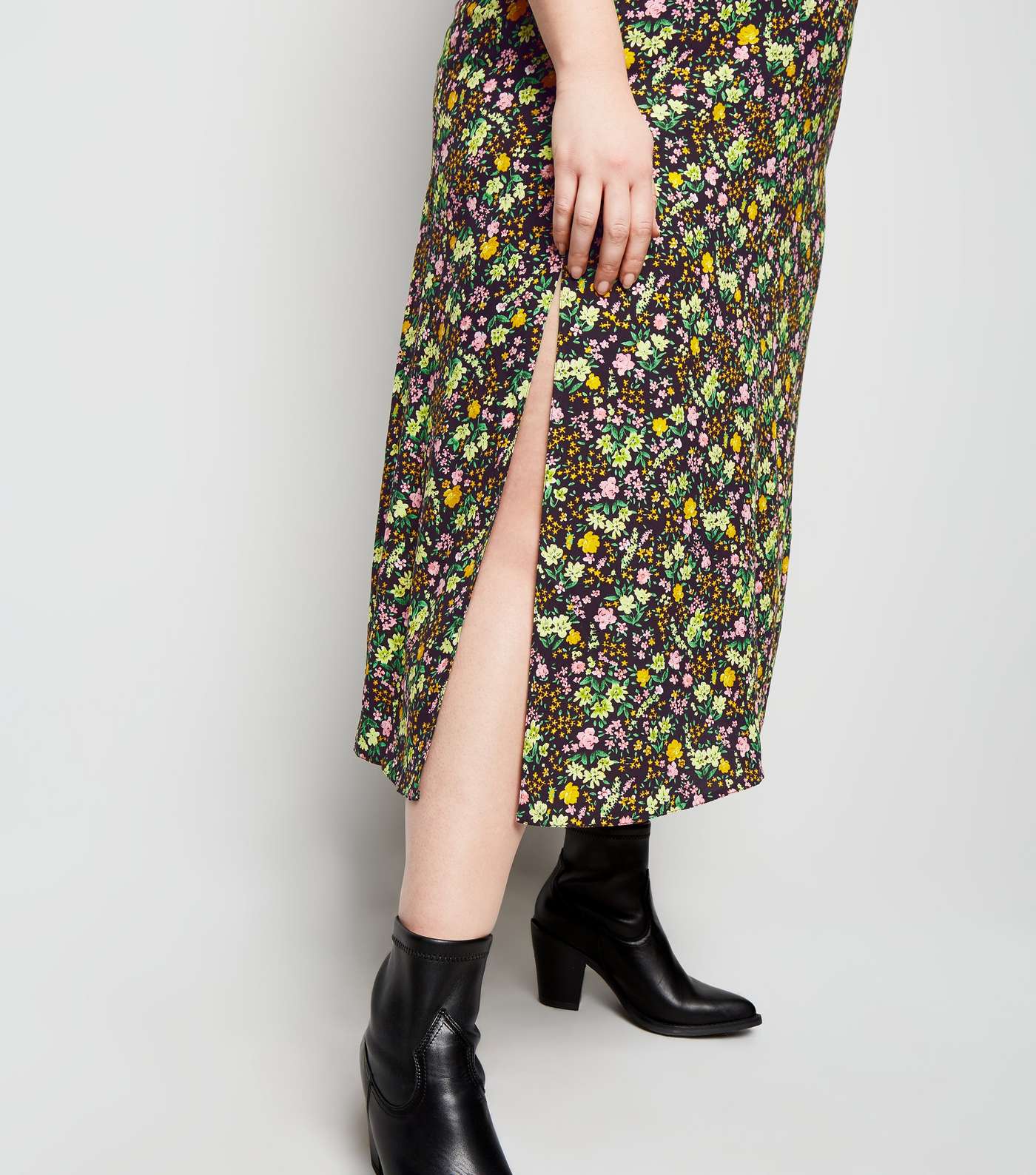 Curves Black Floral Side Split Midi Skirt Image 5