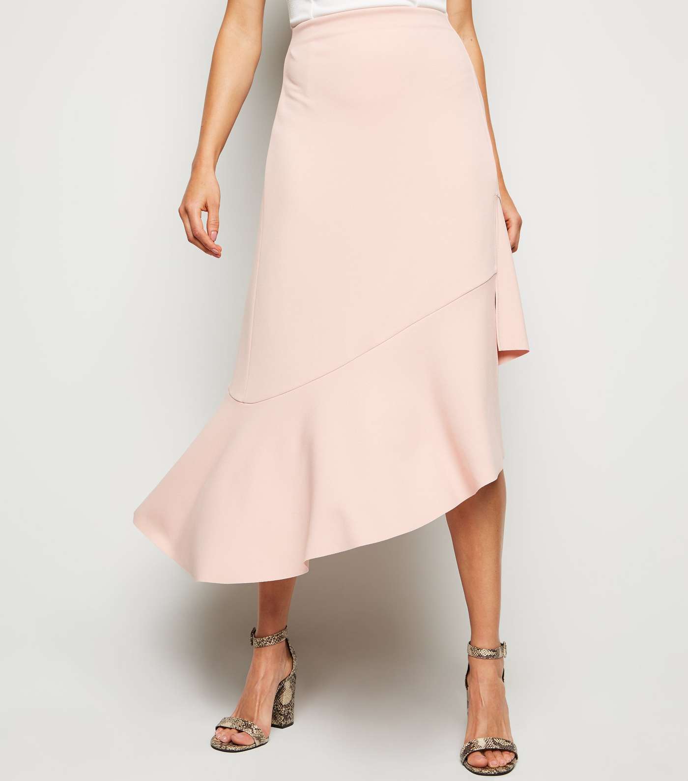 Pale Pink Frill Hem Asymmetric Midi Skirt Image 2