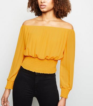 Cameo Rose Mustard Shirred Bardot Top | New Look