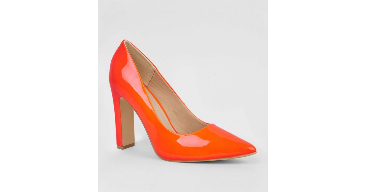 Wide Fit Orange Neon Block Heel Court Shoes New Look Wide Fit Orange Neon Block Heel Court Shoes New Look