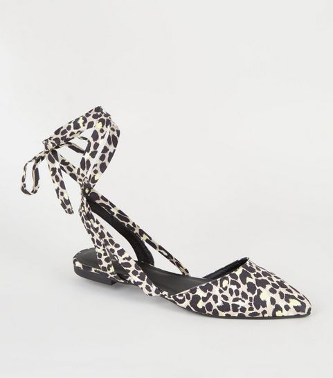 Stone Leopard Print Pointed Ankle Tie Pumps