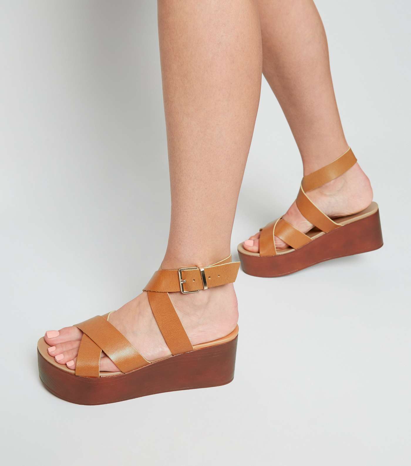 Tan Leather-Look Strappy Flatform Sandals Image 2