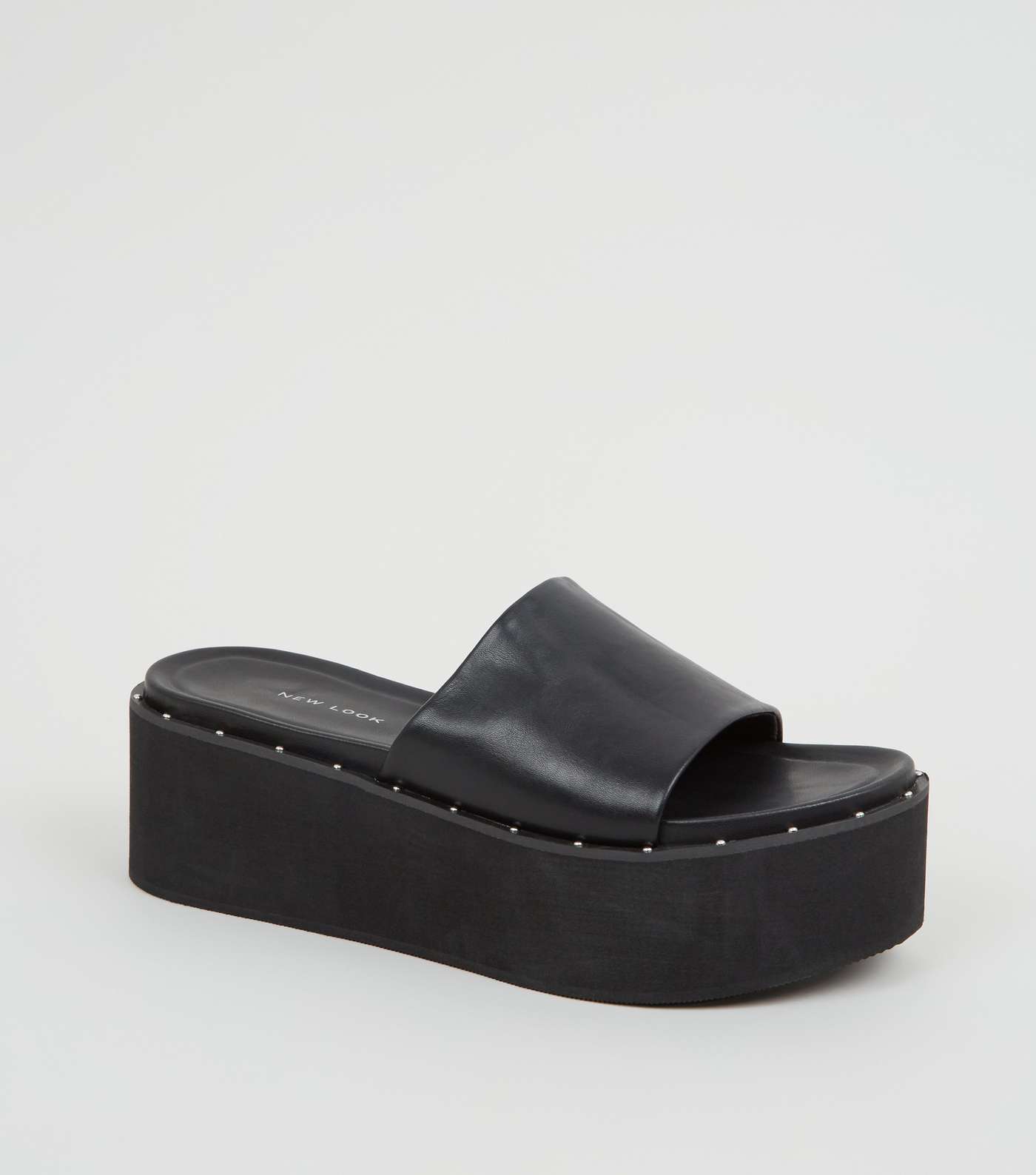Black Leather-Look Studded Flatform Sliders