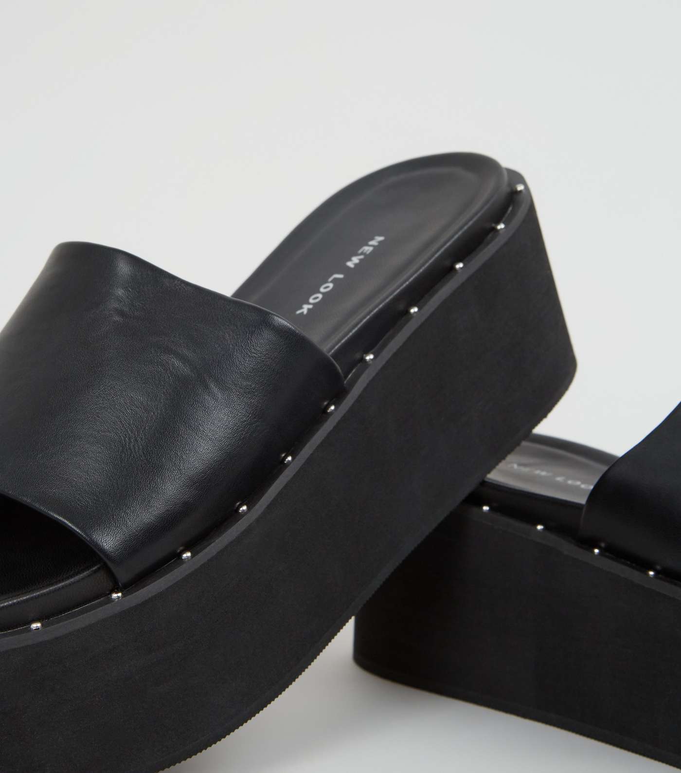 Black Leather-Look Studded Flatform Sliders Image 3