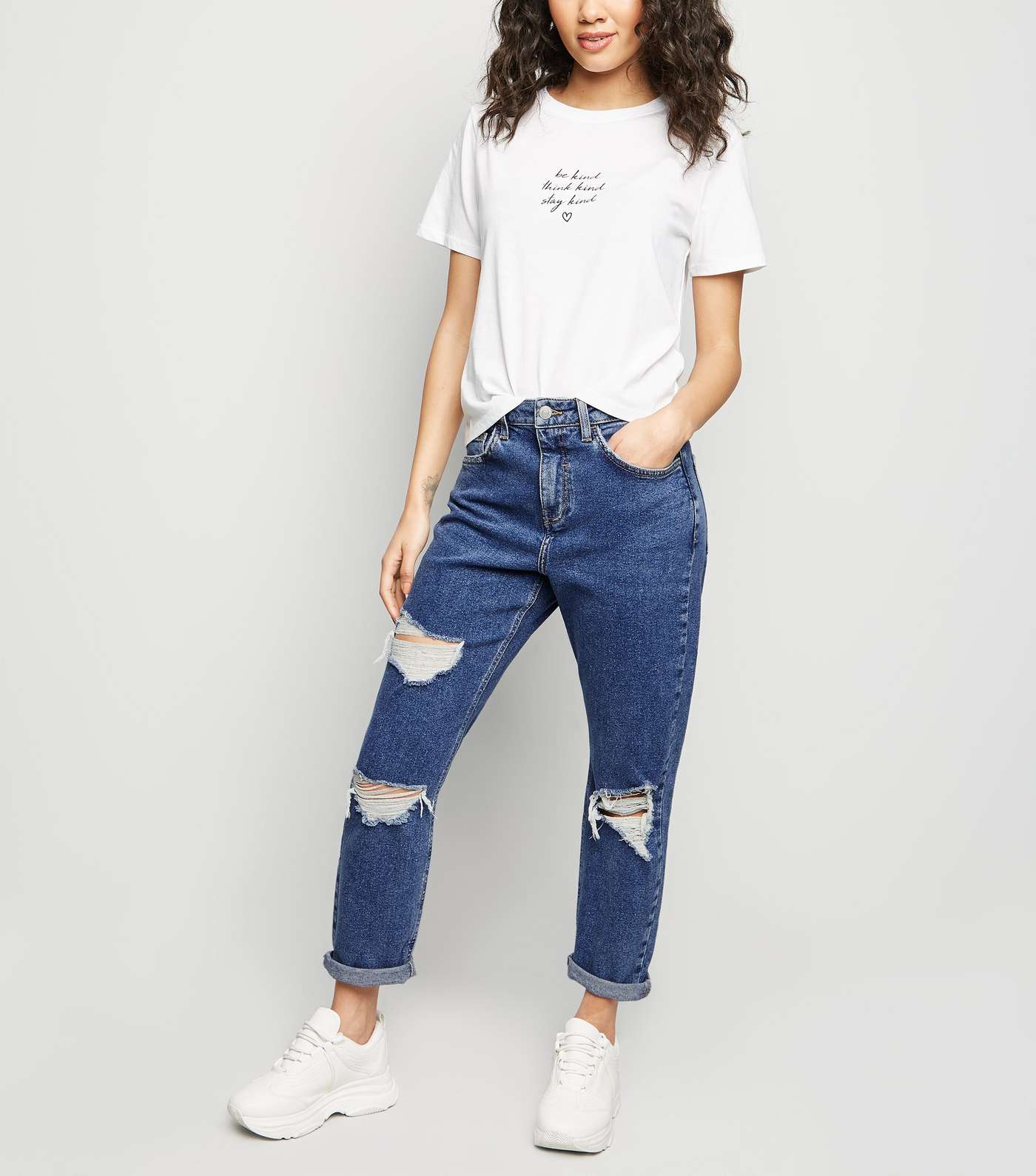Petite Blue Ripped Mom Jeans 