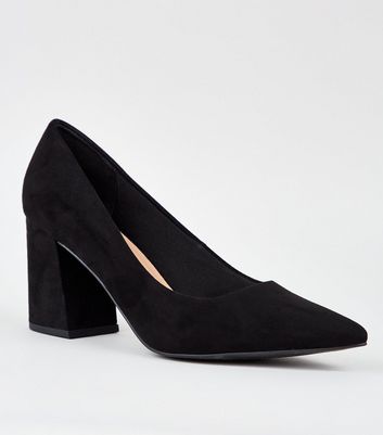 Black Flared Block Heel Court Shoes 