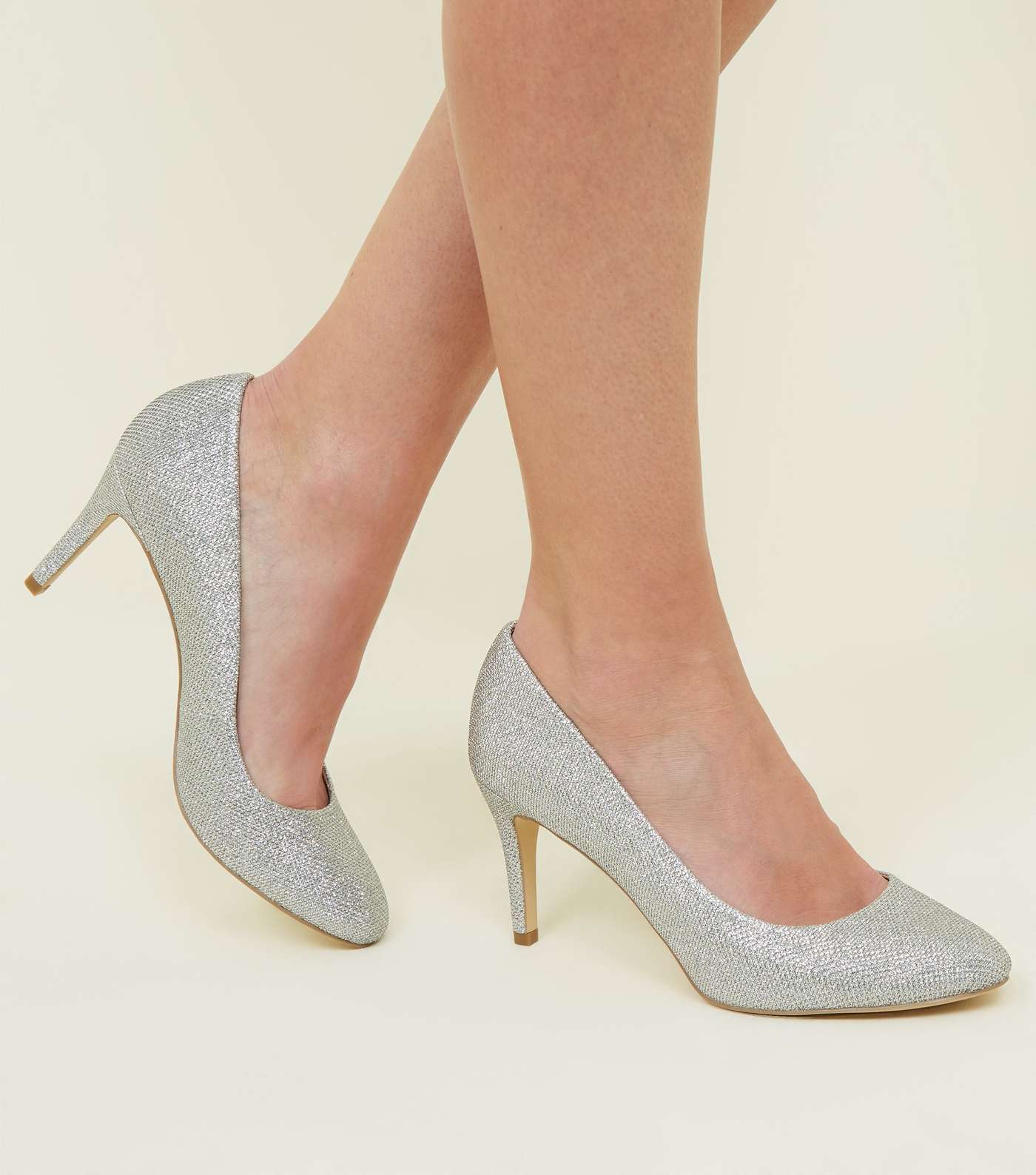 Silver Glitter Stiletto Heel Court Shoes Image 2
