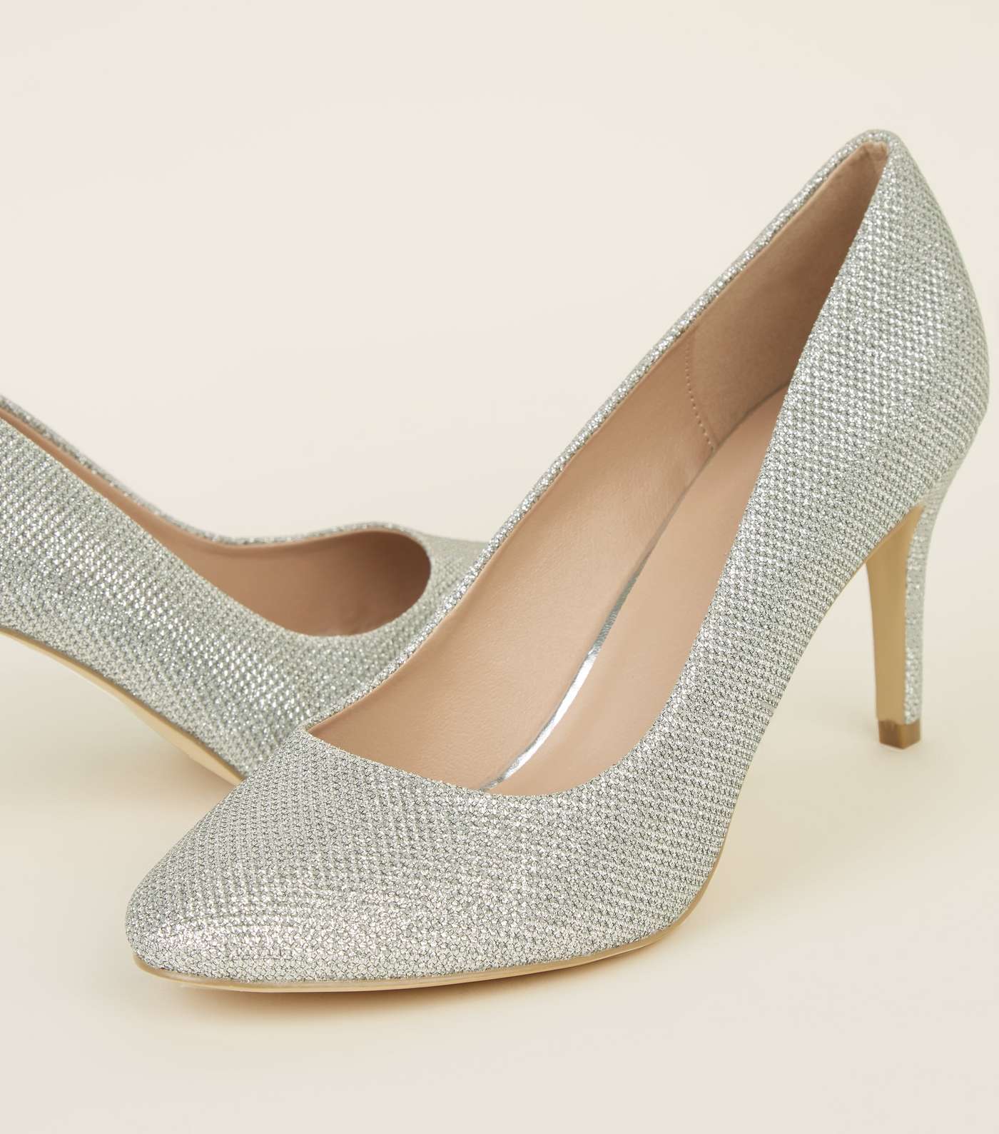 Silver Glitter Stiletto Heel Court Shoes Image 4